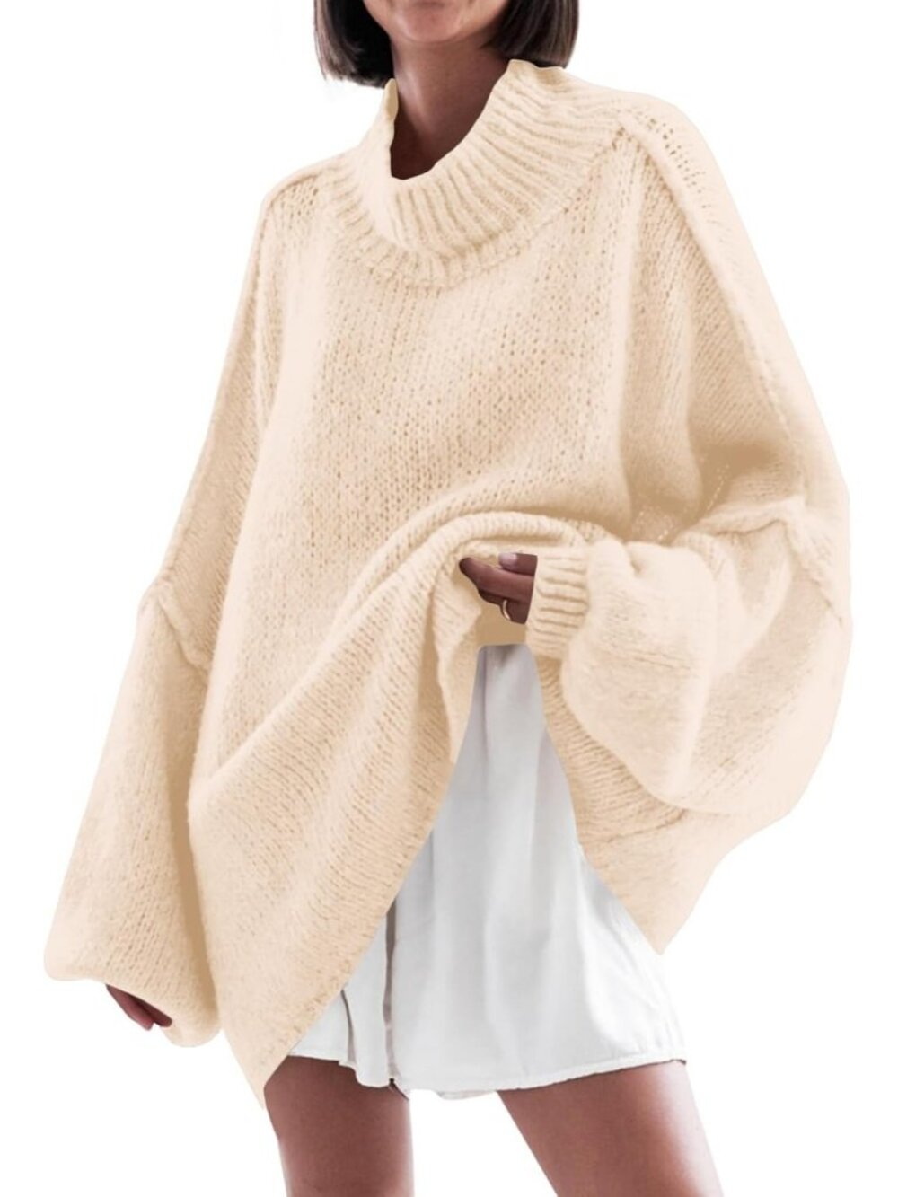 Women's Apricot Casual Oversized Sweaters Mock Neck Fall Winter Tunic Sweater